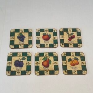 Pimpernel Fruit Coasters Set of 6 Vintage Made in England Cork Backed Botanical